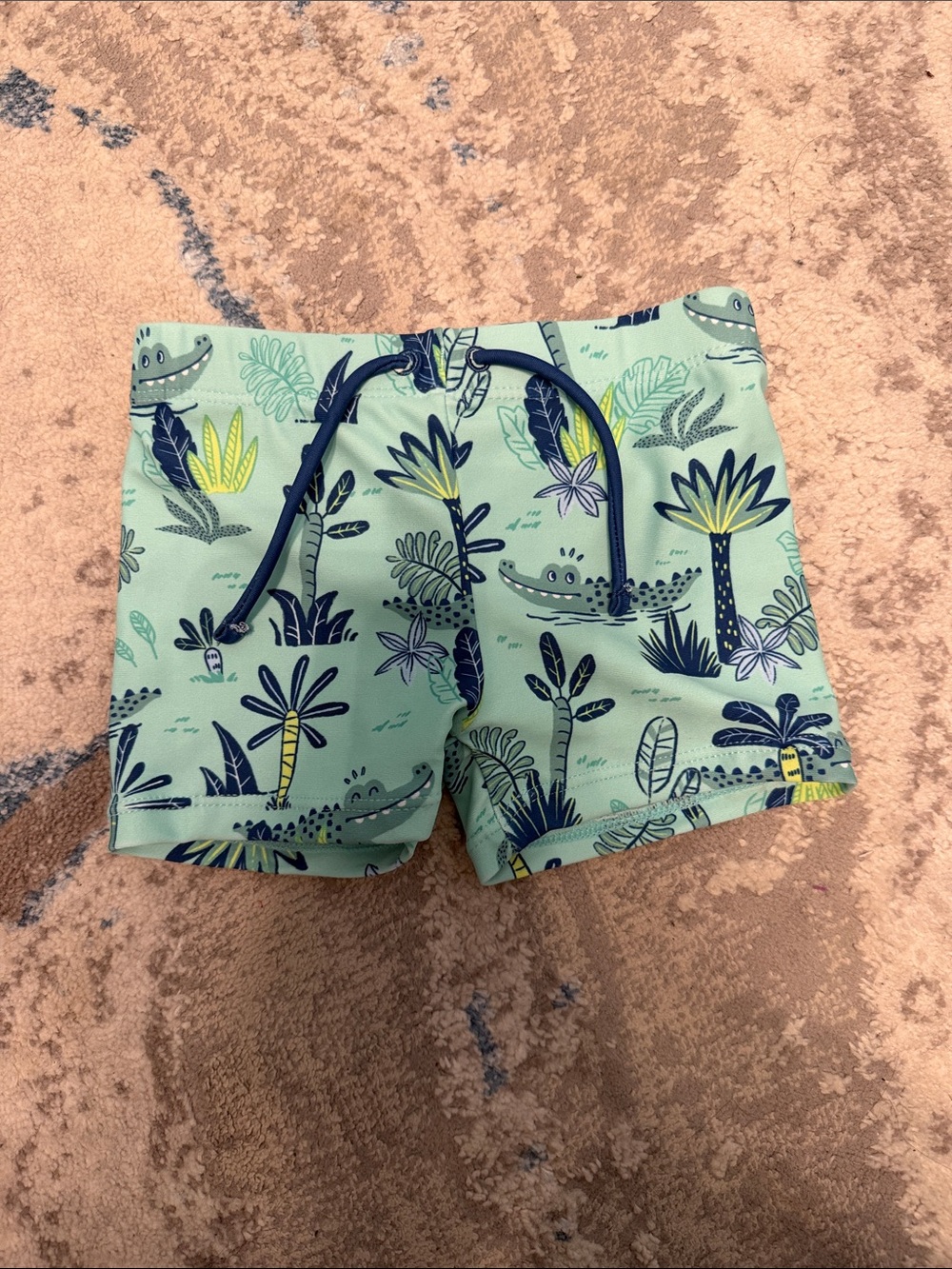 Baby Swim Shorts with Navy Drawstring and Tropical Crocodile Print